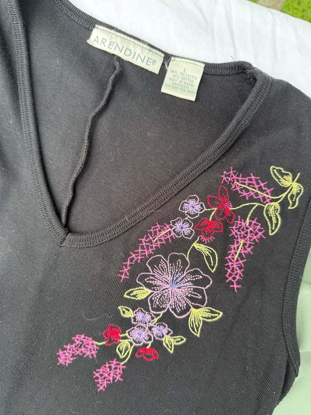 Vintage ARENDINE Black Sleeveless V-Neck Maxi Dress with Floral Embroidery
